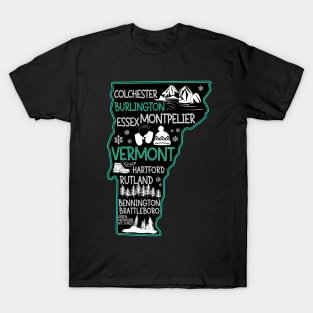 Vermont Burlington cute map Essex Rutland Bennington Brattleboro Colchester Hartford T-Shirt